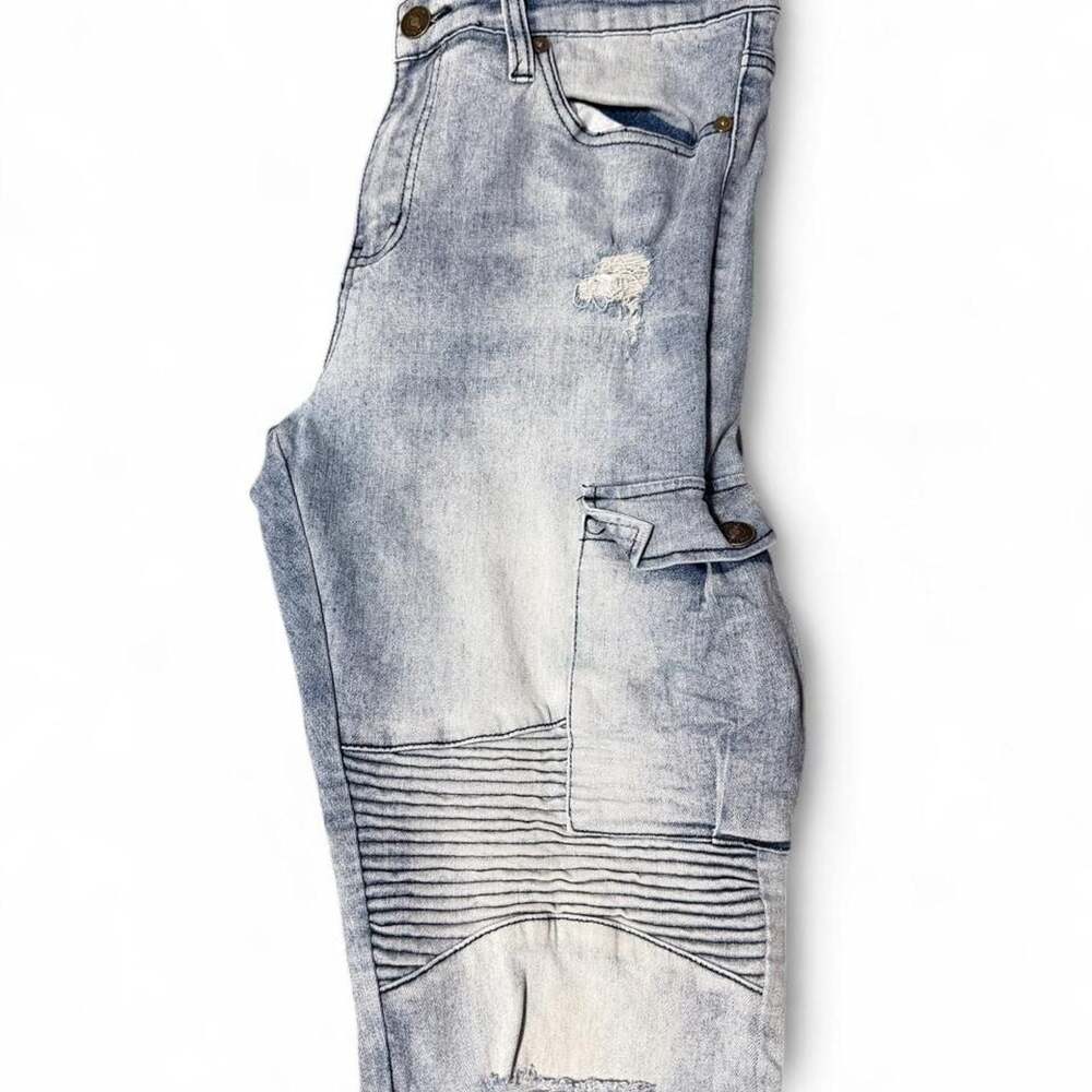 BKE Biker Cargo Denim Shorts Blue Distressed